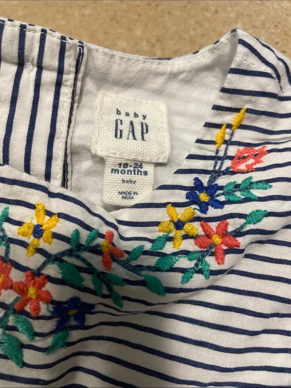 GAP Navy & White Striped Dress with Colorful Floral Embroidery